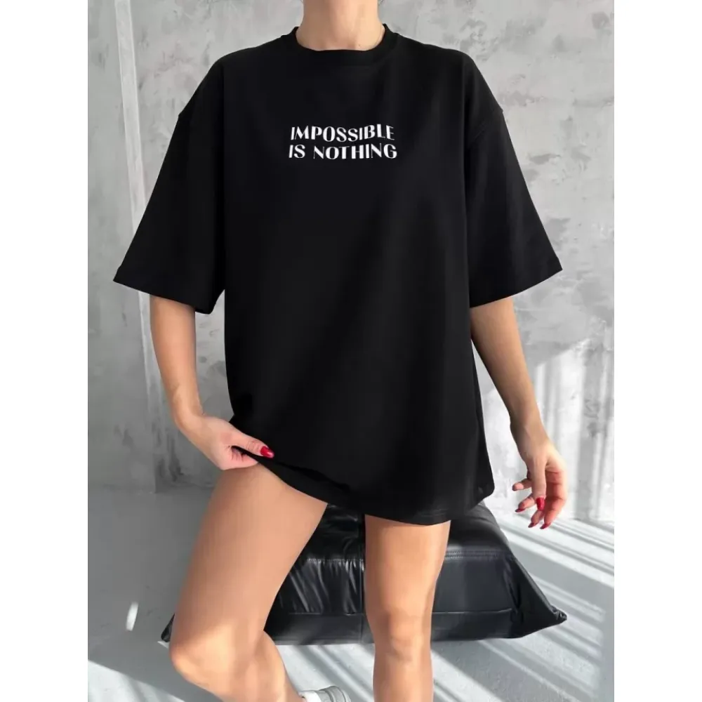 Unisex Bisiklet Yaka Baskılı Oversize T-Shirt - Siyah