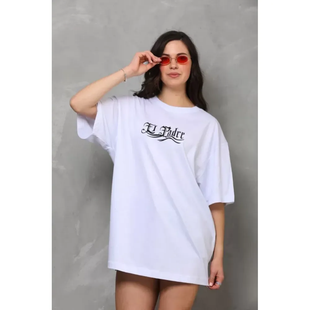 Unisex Bisiklet Yaka Baskılı Oversize T-Shirt - Beyaz