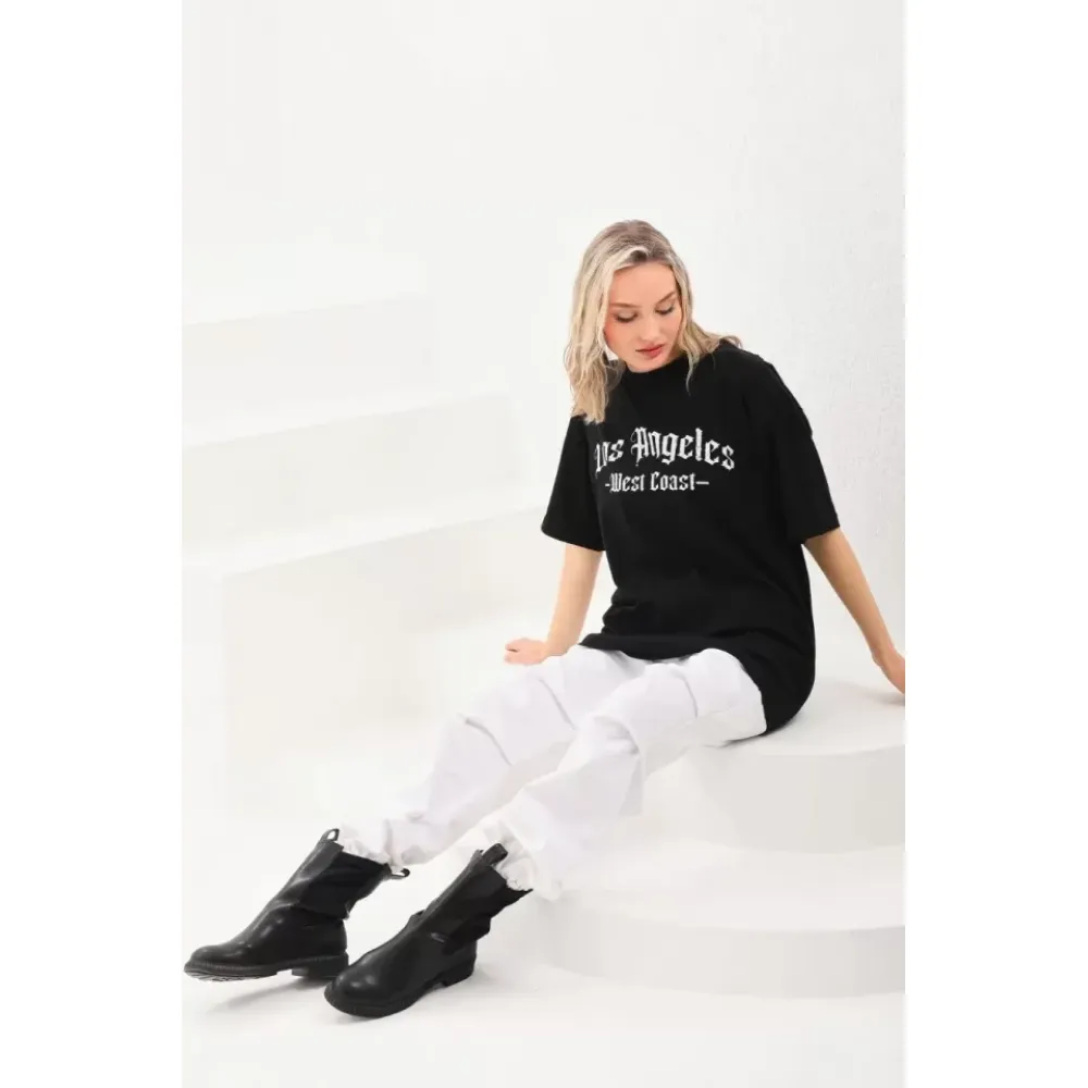 Unisex Baskılı Oversize T-Shirt - Siyah