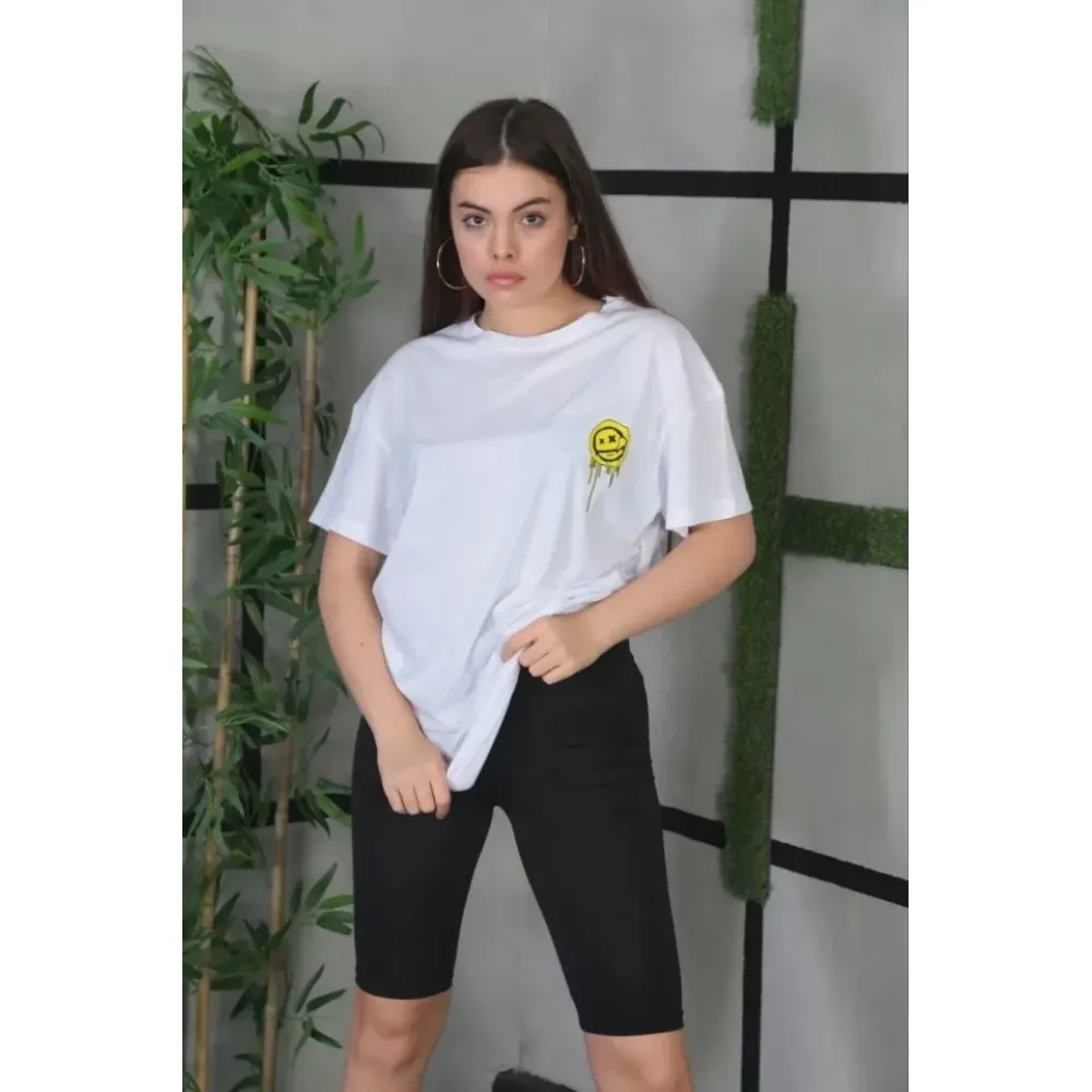 Unisex Bisiklet Yaka Baskılı Oversize T-Shirt - Beyaz