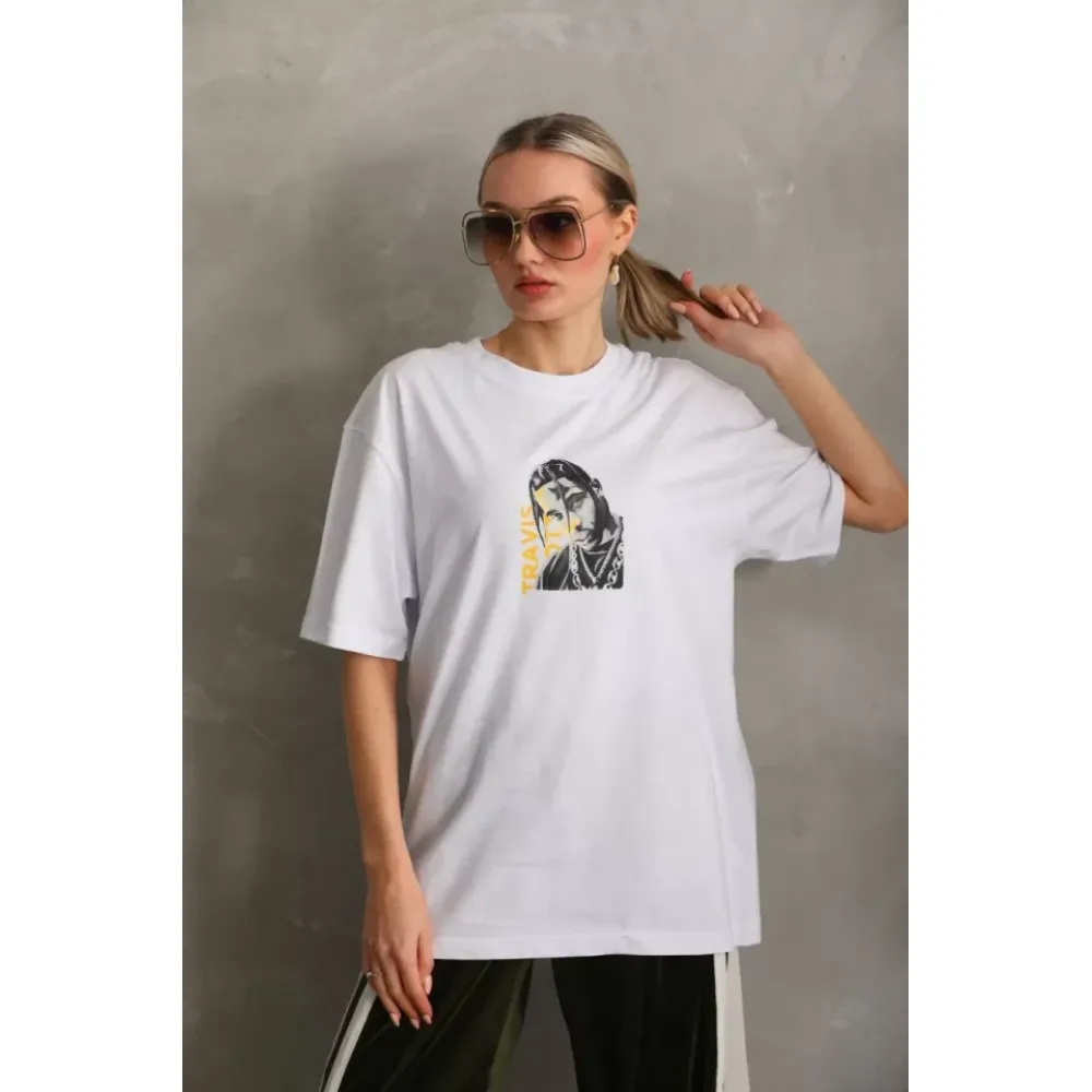 Unisex Baskılı Oversize T-Shirt - Beyaz