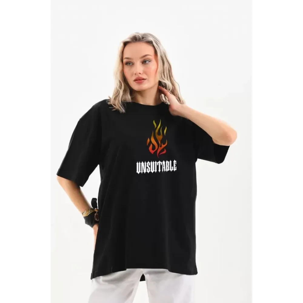 Unisex Bisiklet Yaka Baskılı Oversize T-Shirt - Siyah