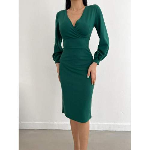 Kadın Kruvaze Yaka Balon Kol Midi Boy Elbise