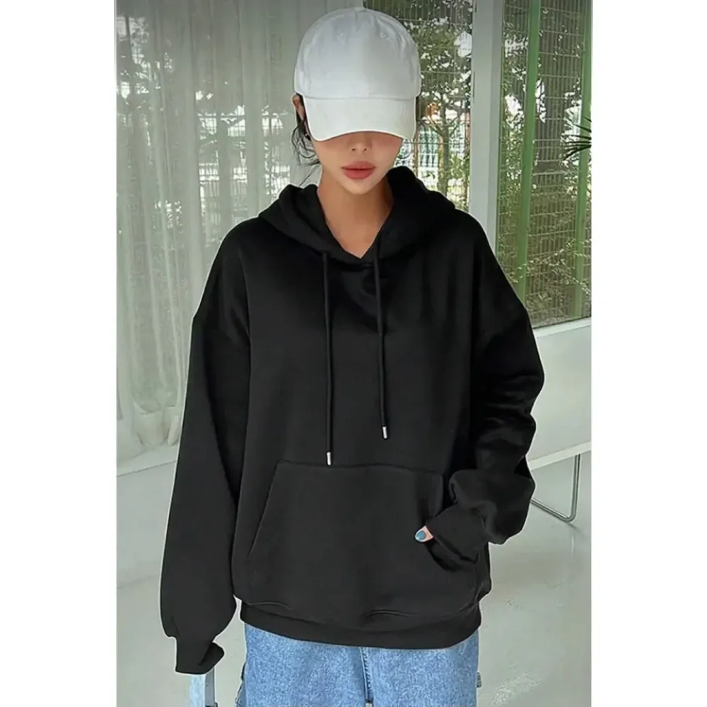 Erkek Uzun Kol Kapşonlu Basic Sweatshirt Hoodie - Siyah