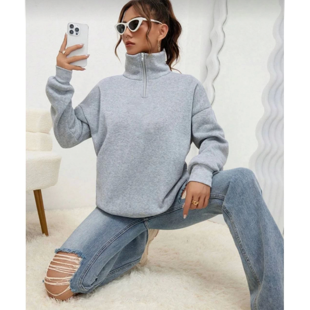 Unisex Uzun Kol Yarım Farmuarlı Yakalı Basic SweatShirt - Gri