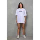 Unisex Bisiklet Yaka Baskılı Oversize T-Shirt - Beyaz