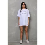 Unisex Bisiklet Yaka Baskılı Oversize T-Shirt - Beyaz