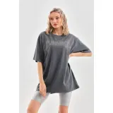 Unisex Taş Desenli Oversize T-Shirt - Füme