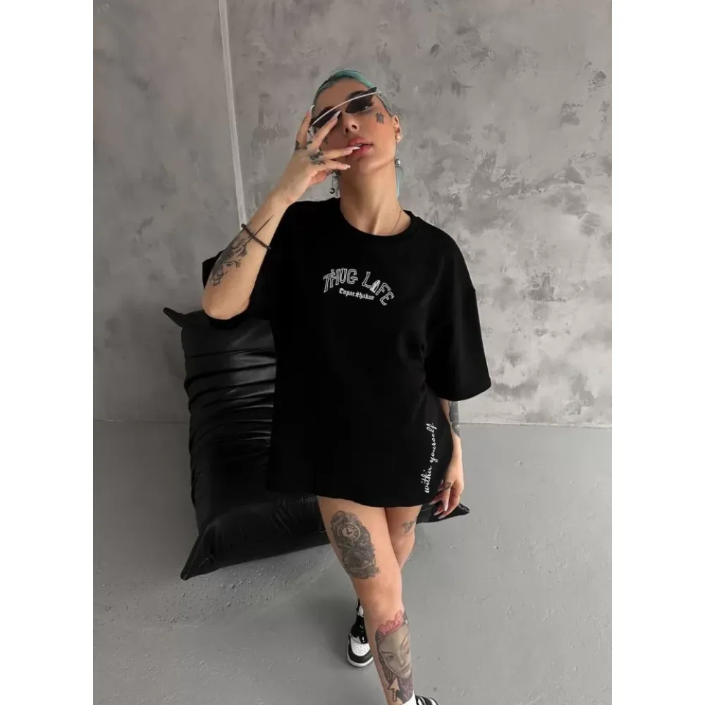 Unisex Baskılı Oversize T-Shirt - Siyah