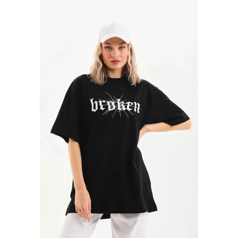 Unisex Baskılı Oversize T-Shirt - Siyah