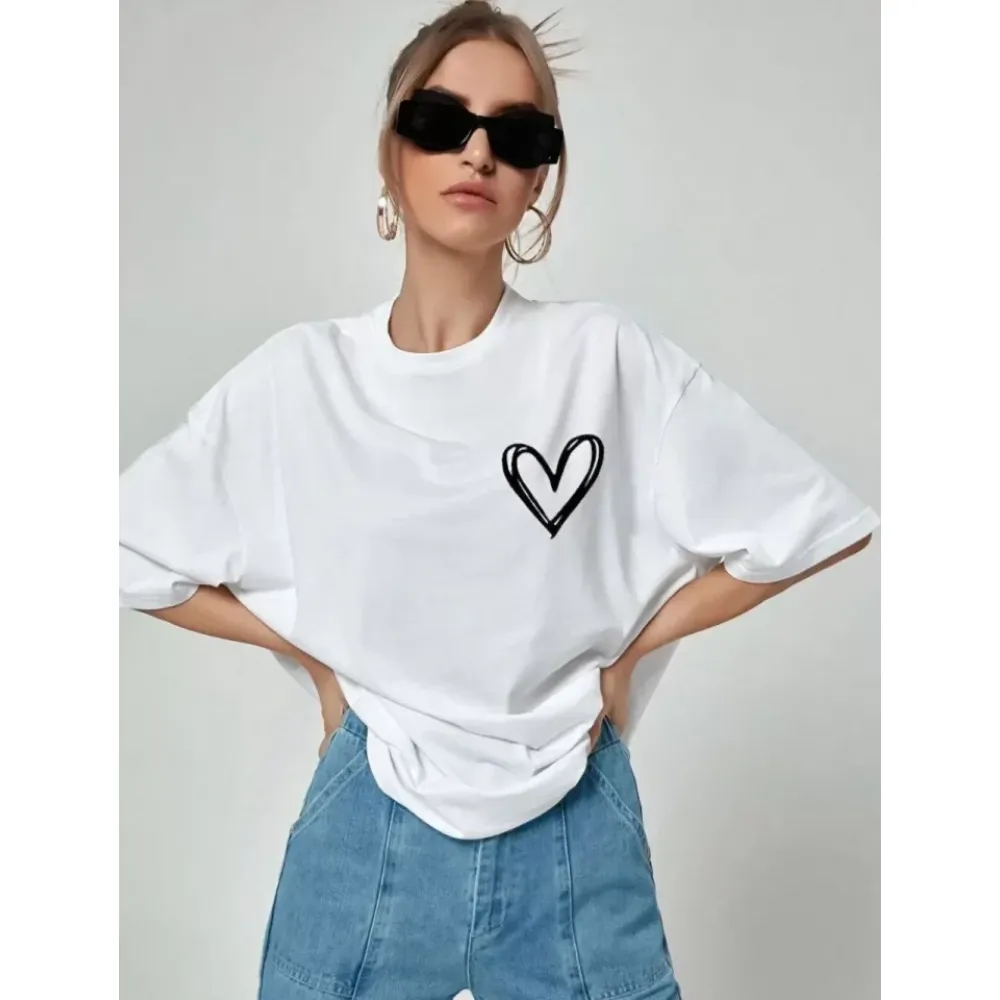 Unisex Baskılı Oversize T-Shirt - Beyaz