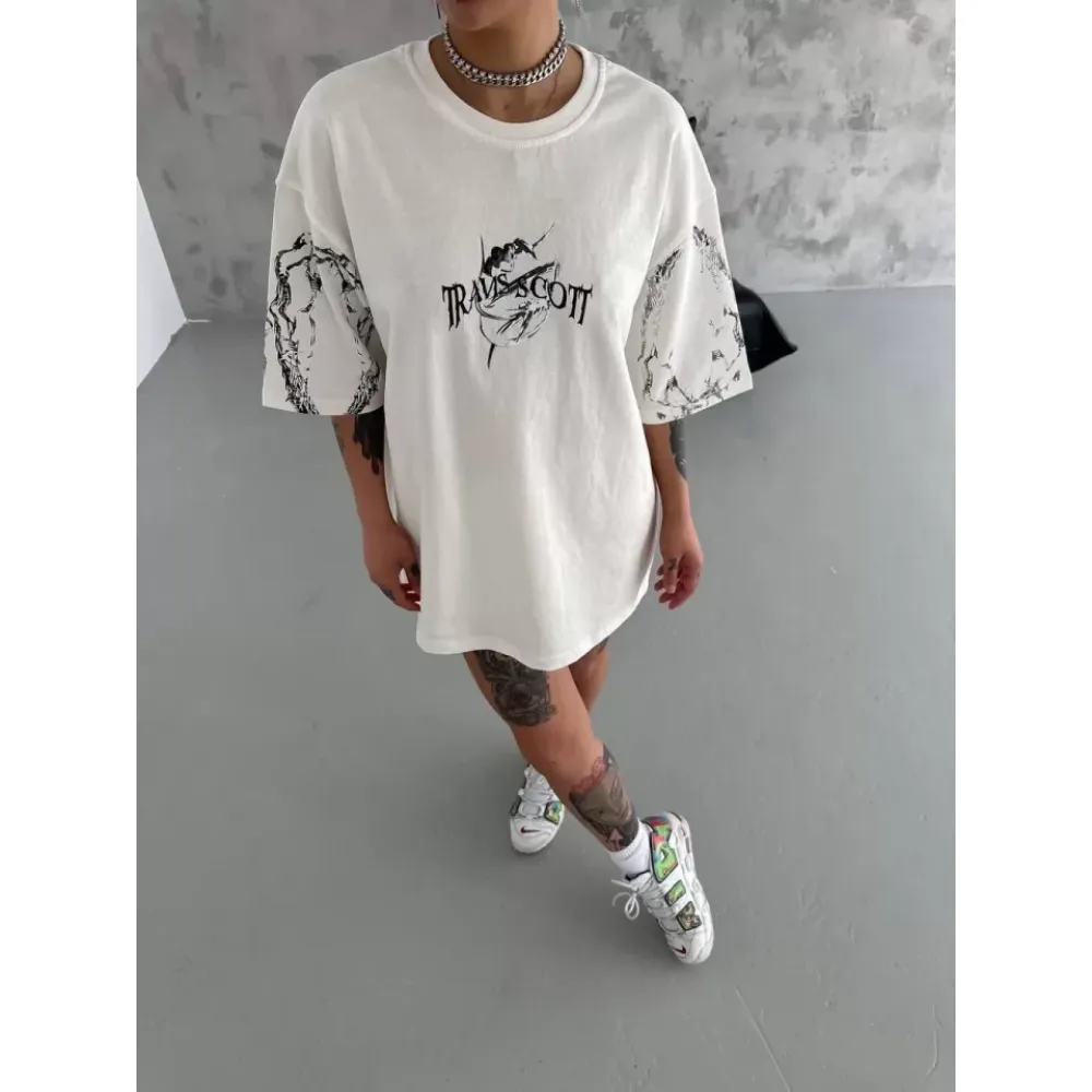 Unisex Bisiklet Yaka Baskılı Oversize T-Shirt - Beyaz