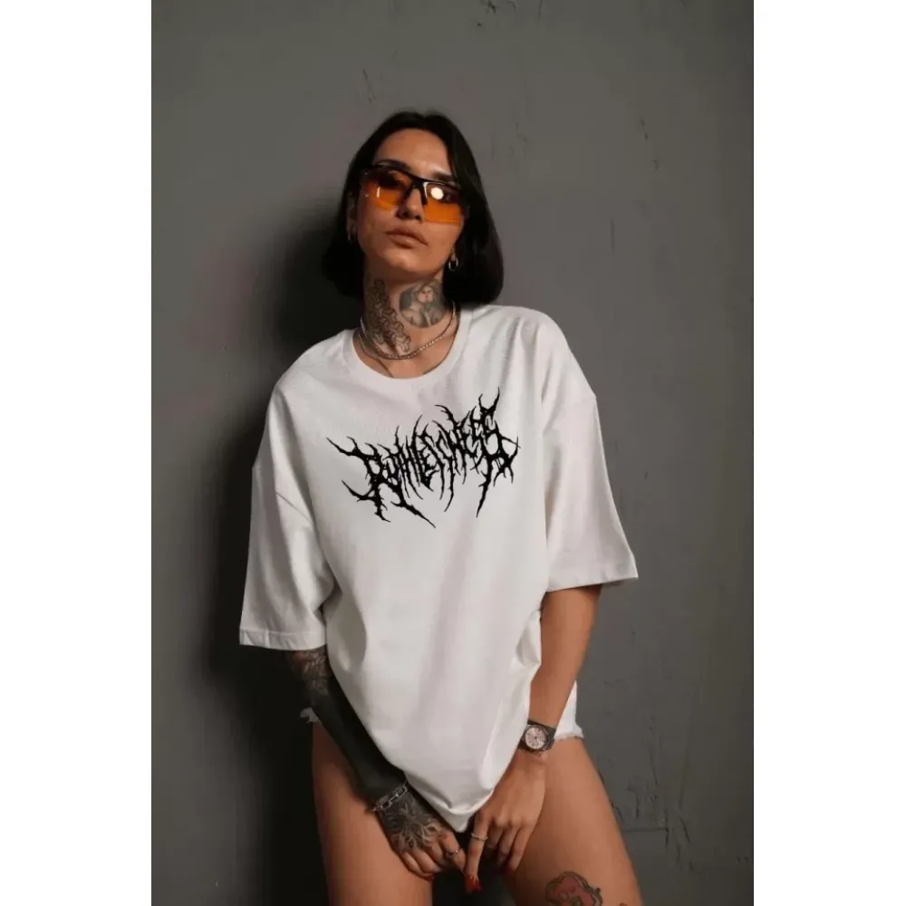 Unisex Bisiklet Yaka Baskılı Oversize T-Shirt - Beyaz