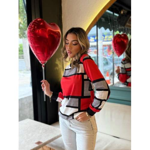 Kadın Uzun Kollu Bisiklet Yaka Renkli Blok Baskı Dalgıç Bluz Kadın Uzun Kollu Bisiklet Yaka Renkli Blok Baskı Dalgıç Bluz