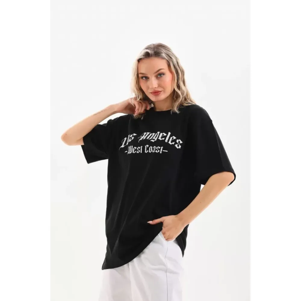 Unisex Baskılı Oversize T-Shirt - Siyah