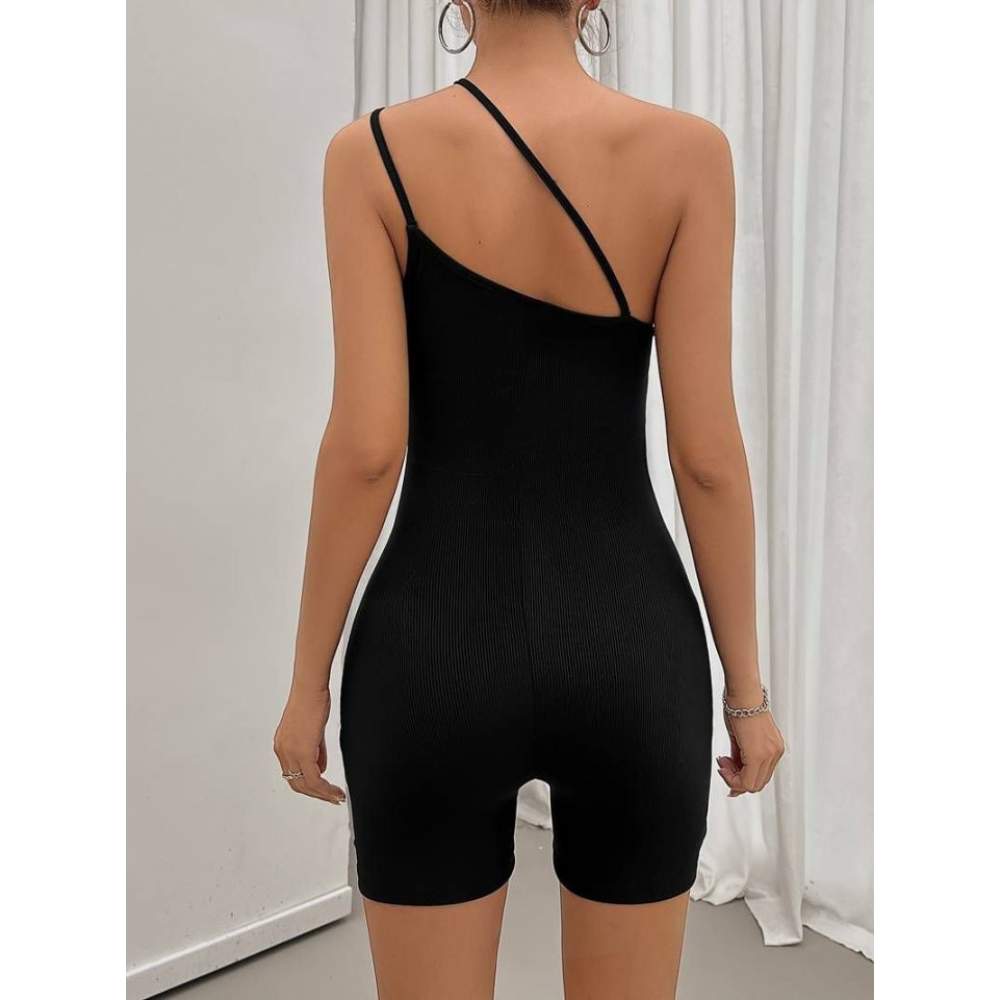 Kadın Asimetrik Askılı Mini Kaşkorse Bodycon Tulum