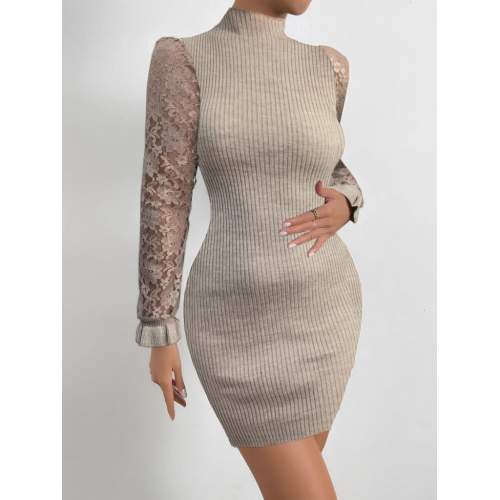 Kadın Uzun Kollu Kollar Tül Detay Triko Mini Boy Elbise Kadın Uzun Kollu Kollar Tül Detay Triko Mini Boy Elbise