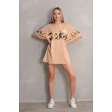 Unisex Bisiklet Yaka Baskılı Oversize T-Shirt - Bej