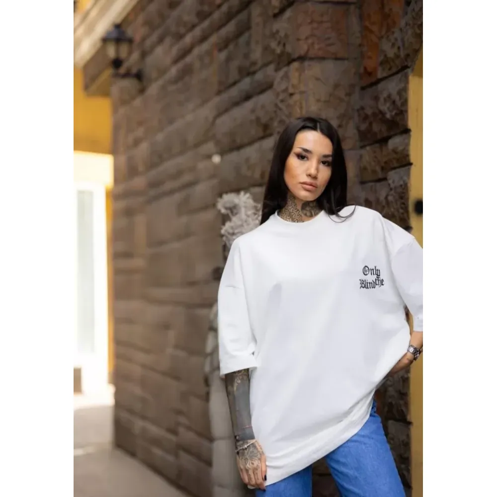 Unisex Bisiklet Yaka Baskılı Oversize T-Shirt - Beyaz