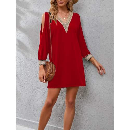 Kadın Uzun Kollu Yaka Ve Kol Manşet Güpürlü Detay Krep Mini Boy Elbise Kadın Uzun Kollu Yaka Ve Kol Manşet Güpürlü Detay Krep Mini Boy Elbise