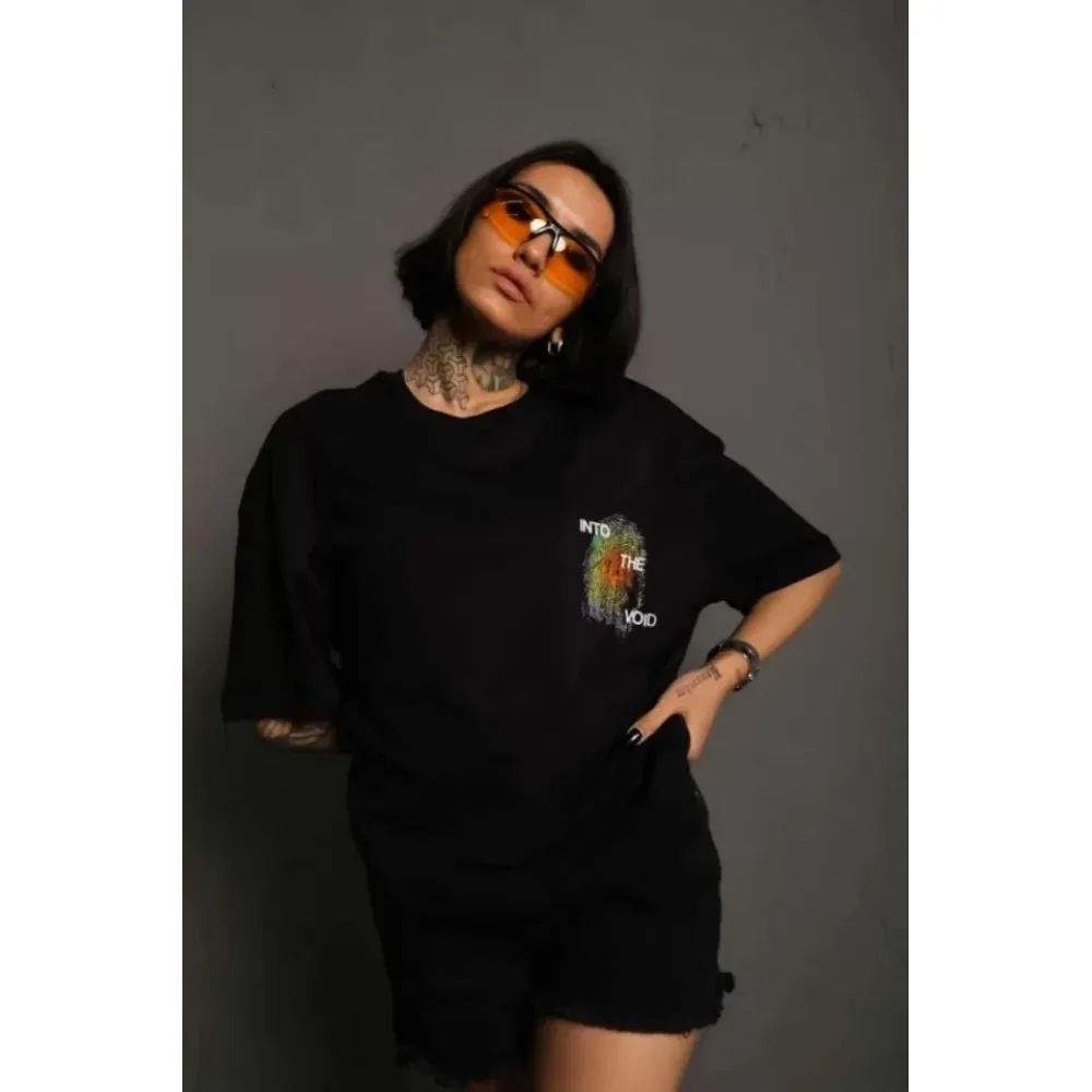 Unisex Bisiklet Yaka Baskılı Oversize T-Shirt - Siyah