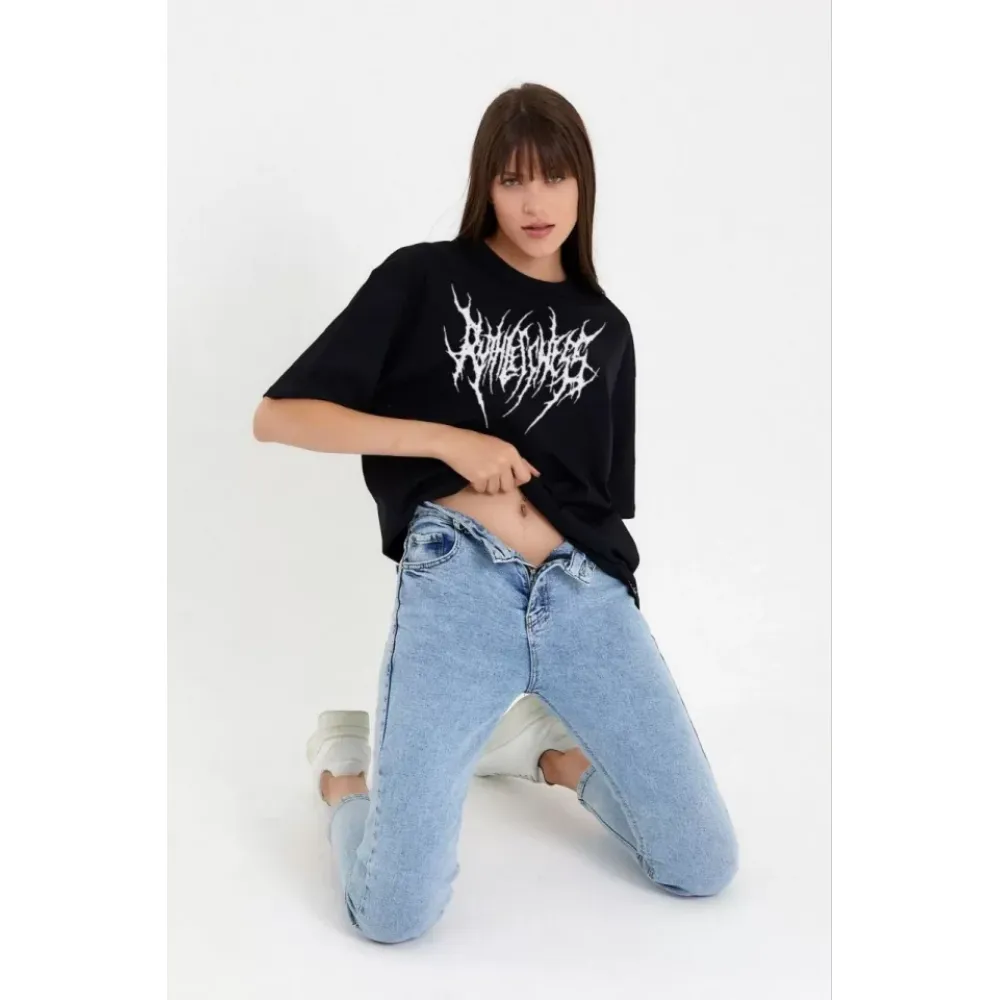 Unisex Bisiklet Yaka Baskılı Oversize T-Shirt - Siyah