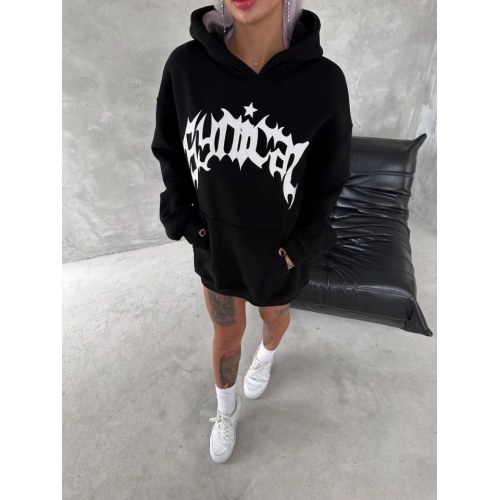 Unisex Üç İplik Kapşonlu Baskılı SweatShirt - Siyah