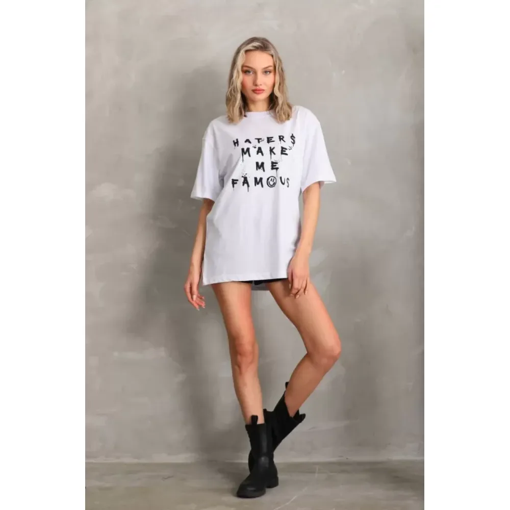 Unisex Baskılı Oversize T-Shirt - Beyaz