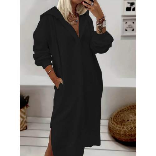 Kadın Uzun Kollu Kapüşonlu Yakası Açık Modal Elbise Kadın Uzun Kollu Kapüşonlu Yakası Açık Modal Elbise
