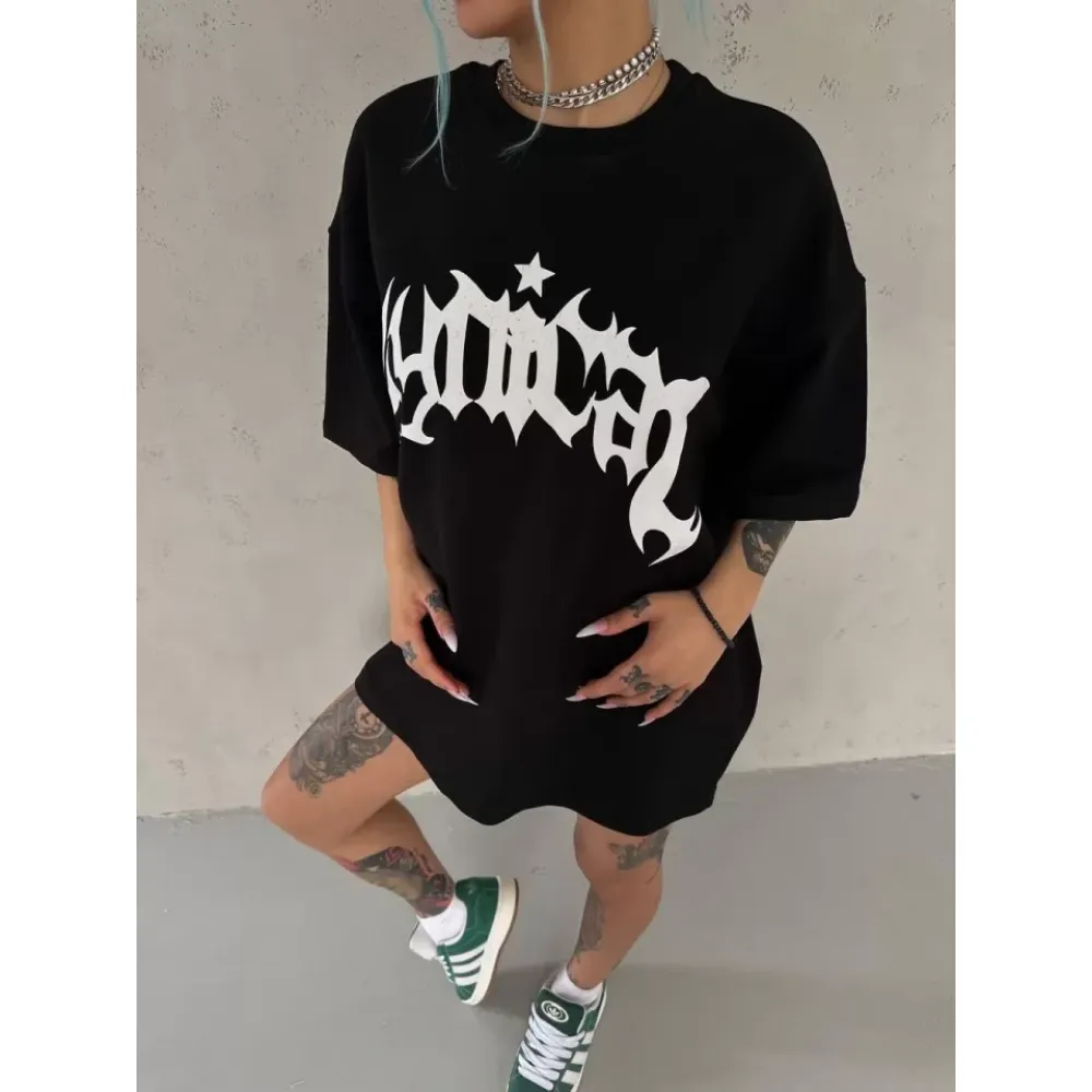 Unisex Bisiklet Yaka Baskılı Oversize T-Shirt - Siyah