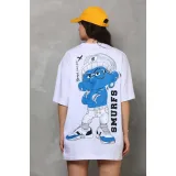 Unisex Bisiklet Yaka Baskılı Oversize T-Shirt - Beyaz