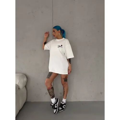 Unisex Bisiklet Yaka Baskılı Oversize T-Shirt - Beyaz