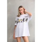 Unisex Bisiklet Yaka Baskılı Oversize T-Shirt - Beyaz