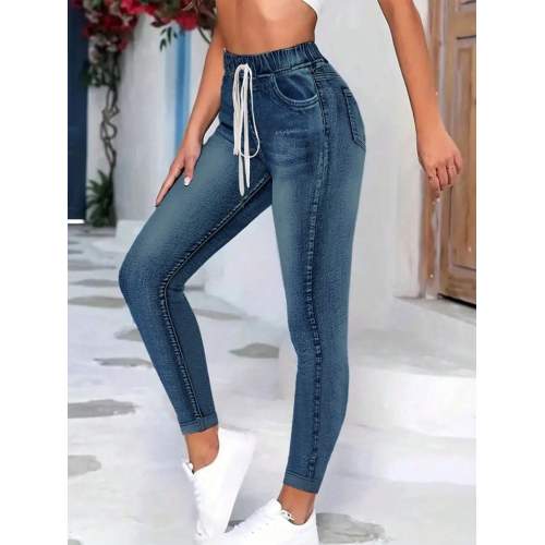 Kadın Belden Bağlamalı Cepli Yüksek Bel Kot Pantolon Kadın Belden Bağlamalı Cepli Yüksek Bel Kot Pantolon