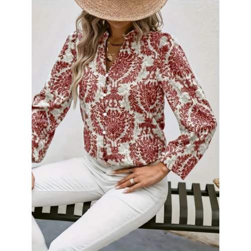 Kadın Uzun Kollu V Yakalı Desenli önü Düğmeli Ithal Keten Bluz Kadın Uzun Kollu V Yakalı Desenli önü Düğmeli Ithal Keten Bluz