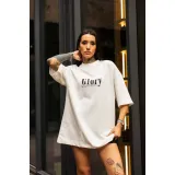 Unisex Bisiklet Yaka Baskılı Oversize T-Shirt - Beyaz