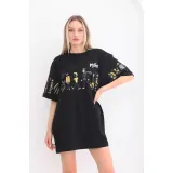 Unisex Bisiklet Yaka Baskılı Oversize T-Shirt - Siyah