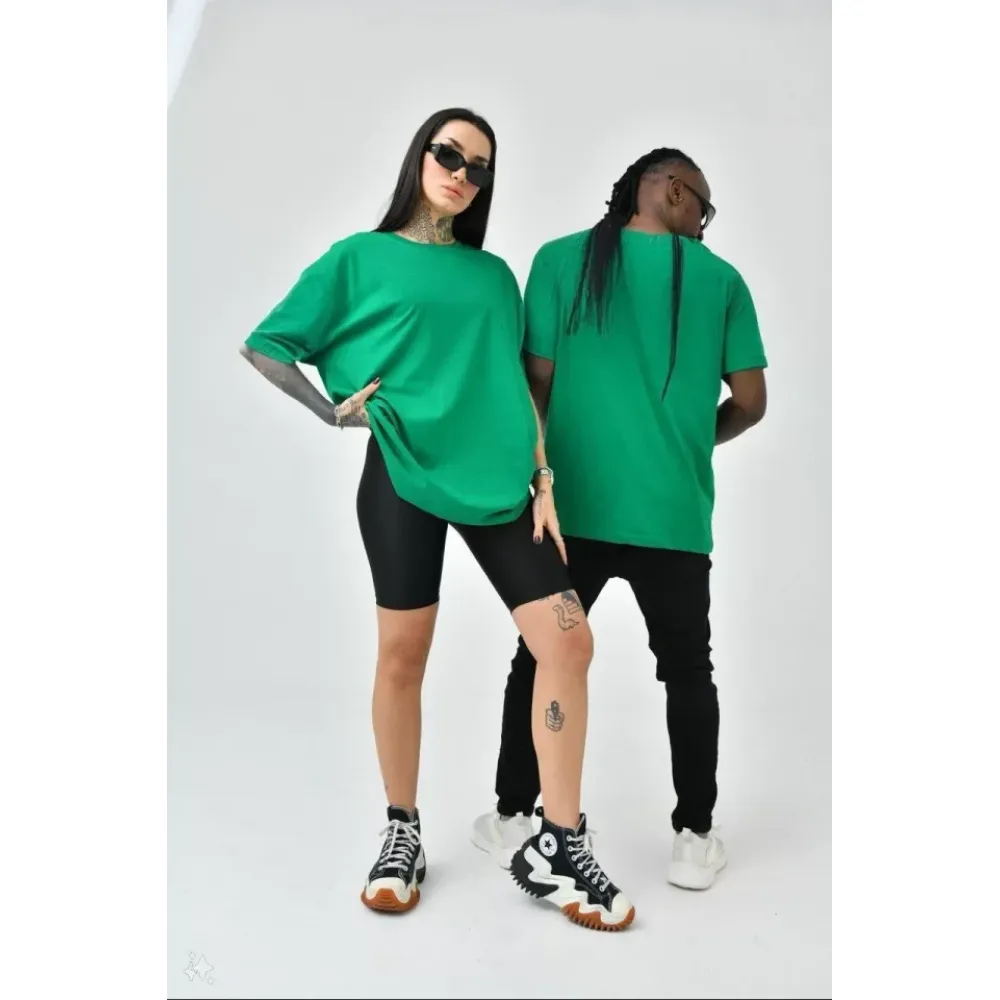 Unisex Basic Bisiklet Yaka Oversize T-Shirt - Yeşil