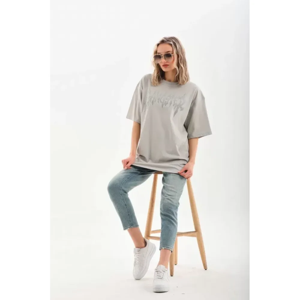 Unisex Taş Desenli Oversize T-Shirt - Gri