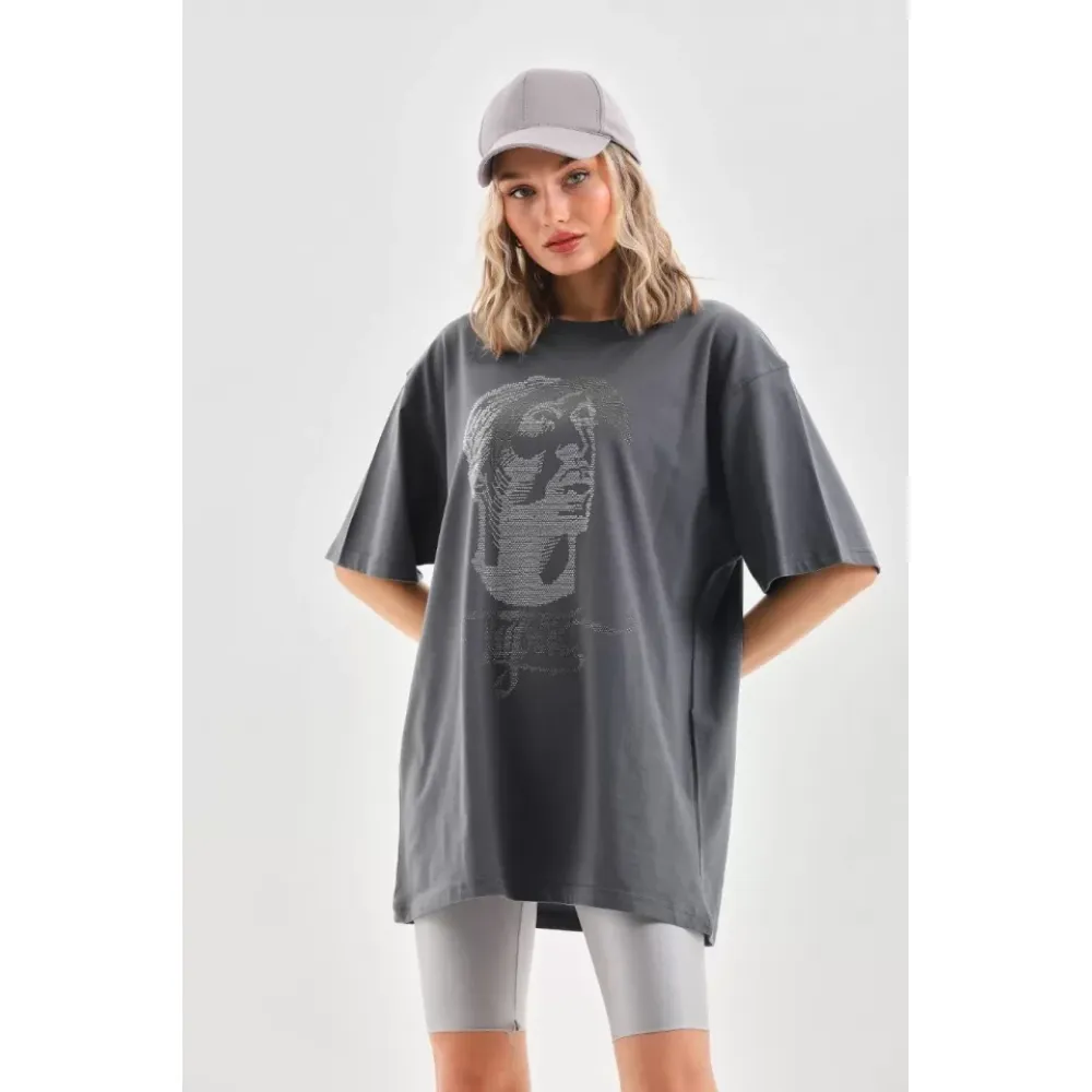 Unisex Taş Desenli Oversize T-Shirt - Füme