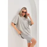 Unisex Taş Desenli Oversize T-Shirt - Gri