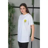 Unisex Bisiklet Yaka Baskılı Oversize T-Shirt - Beyaz