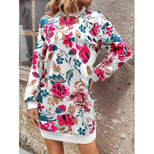 Kadın Uzun Kollu Bisiklet Yaka çiçek Baskılı şardonlu Dalgıç Elbise