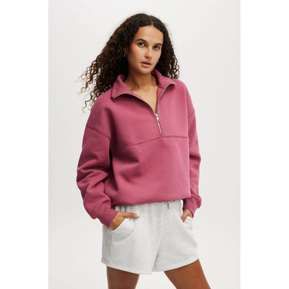 Oversize Yarım Farmuarlı Yakalı Basic SweatShirt - Gül Kurusu