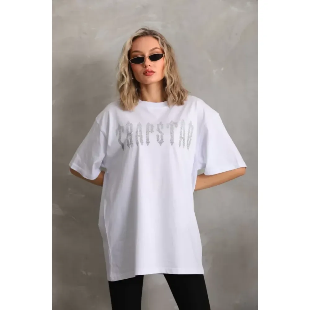 Unisex Taş Desenli Oversize T-Shirt - Beyaz