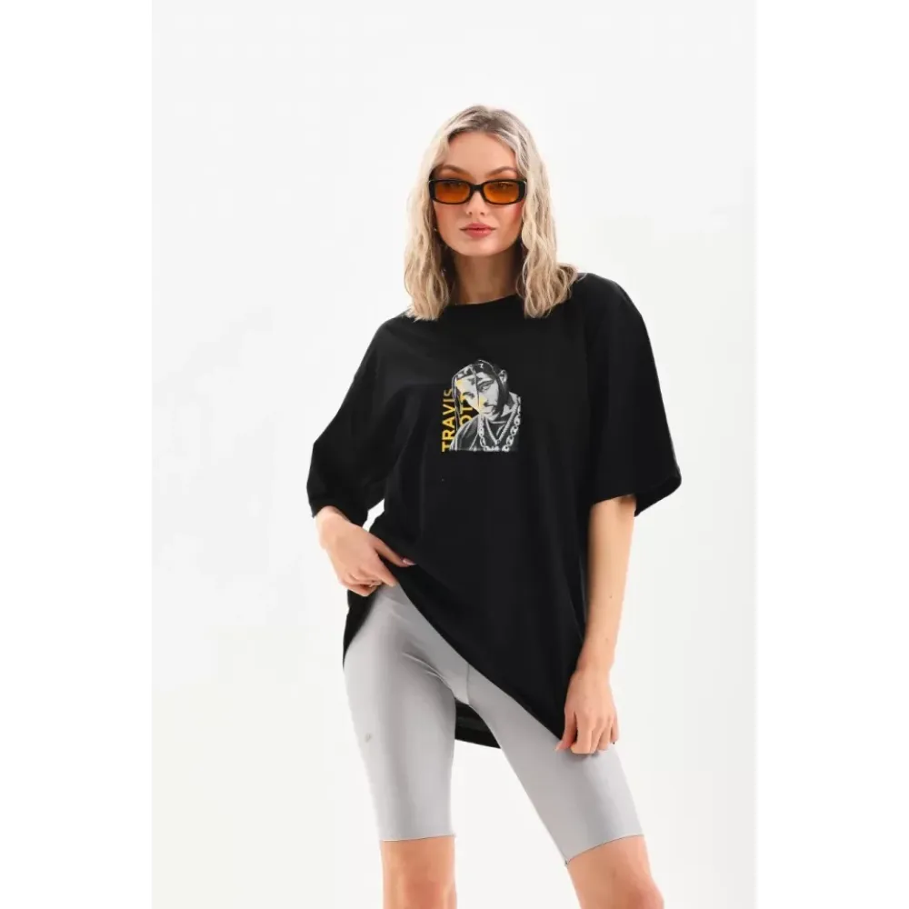 Unisex Baskılı Oversize T-Shirt - Siyah