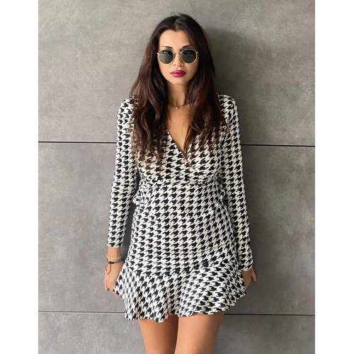 Kadın Uzun Kollu Kruvaze Yaka Kazayağı Mikro Mini Boy Elbise