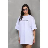 Unisex Bisiklet Yaka Baskılı Oversize T-Shirt - Beyaz