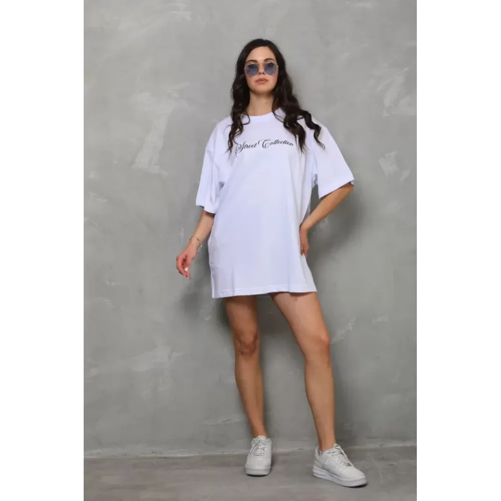 Unisex Bisiklet Yaka Baskılı Oversize T-Shirt - Beyaz