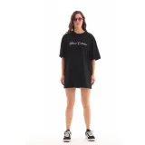 Unisex Bisiklet Yaka Baskılı Oversize T-Shirt - Siyah